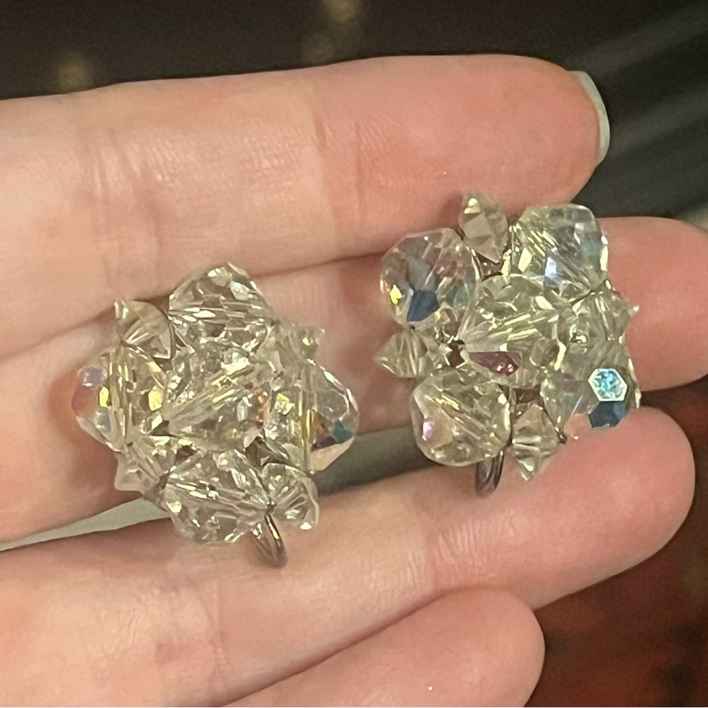 Vintage Coro Silver Aurora Borealis AB Beaded Cluster Earrings